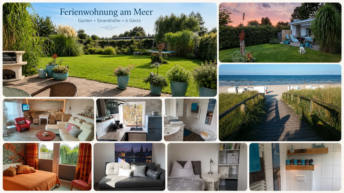 Collage mit Garten, Strand und Innenräumen des Ferienhauses Meernah
